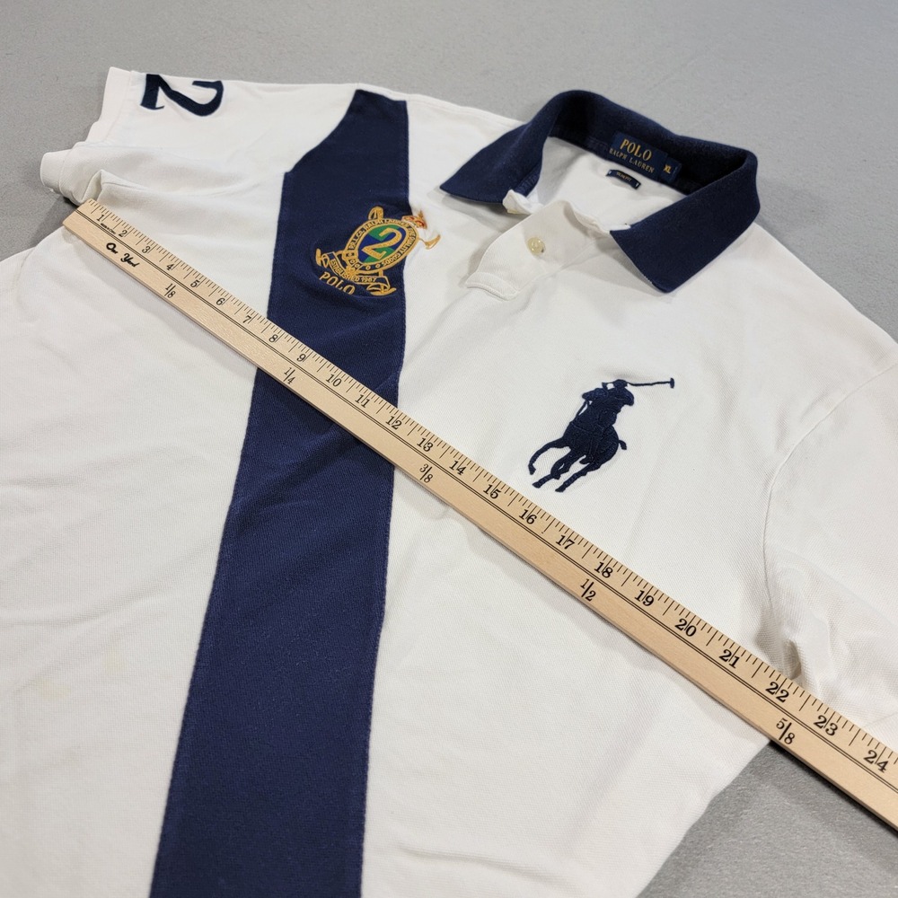 Polo Ralph Lauren Polo Shirt Big Pony Crest Sash Slim Fit White Navy Men's XL - Picture 4 of 11